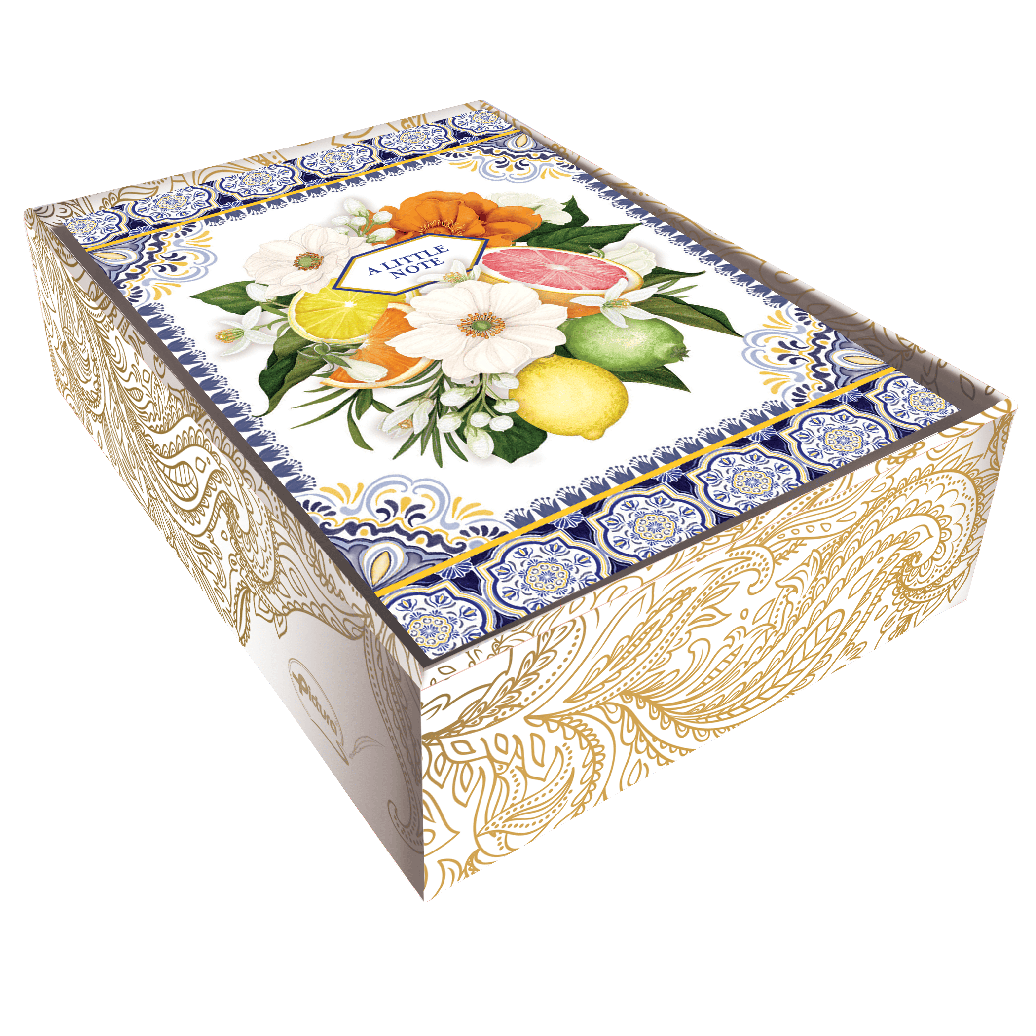 Set of Pictura Citrus Boxed Notes blank cards with colorful citrus fruit designs, ideal for writing messages or notes.